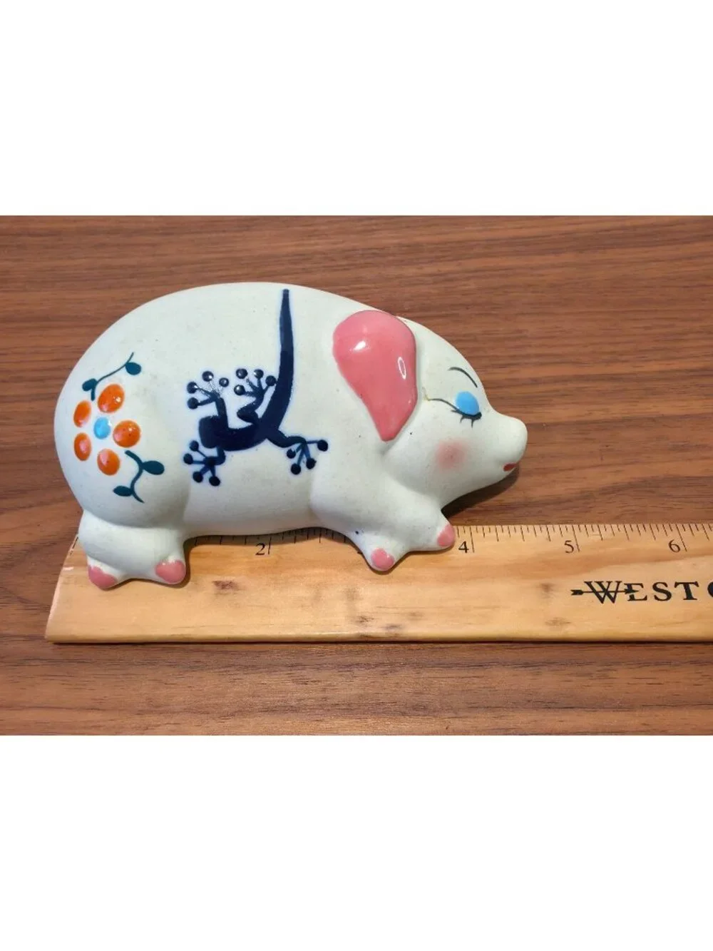 Vintage Hand-Painted Ceramic Pig Salt & Pepper Shakers w/ Gecko & Floral Design